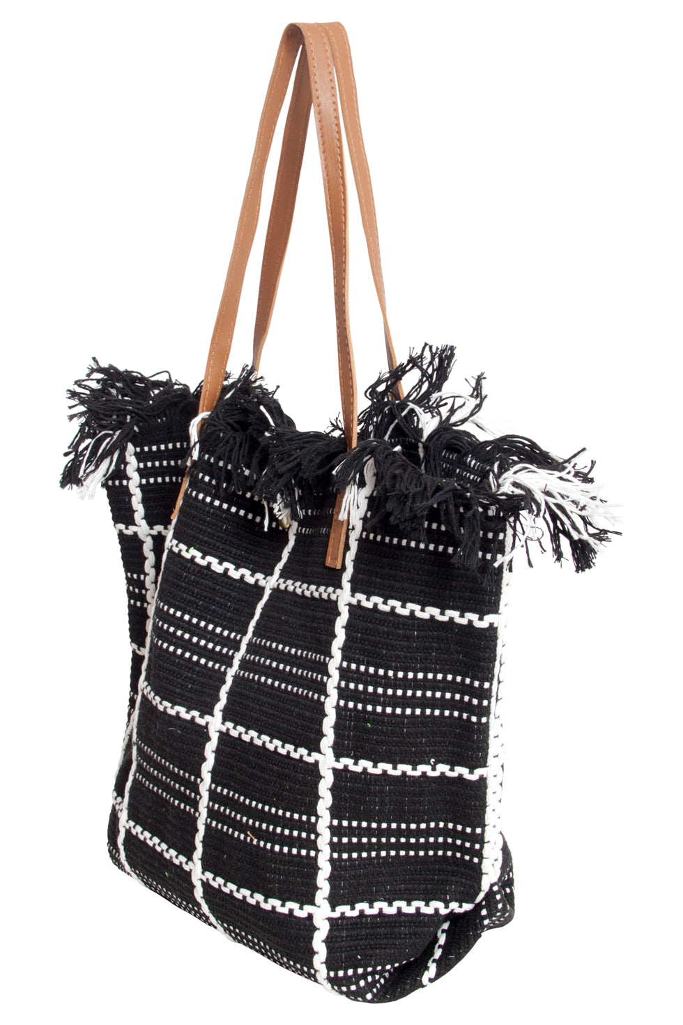 56030 Shopper Schoudertas - Met Geruit Borduurselfranjes | Black