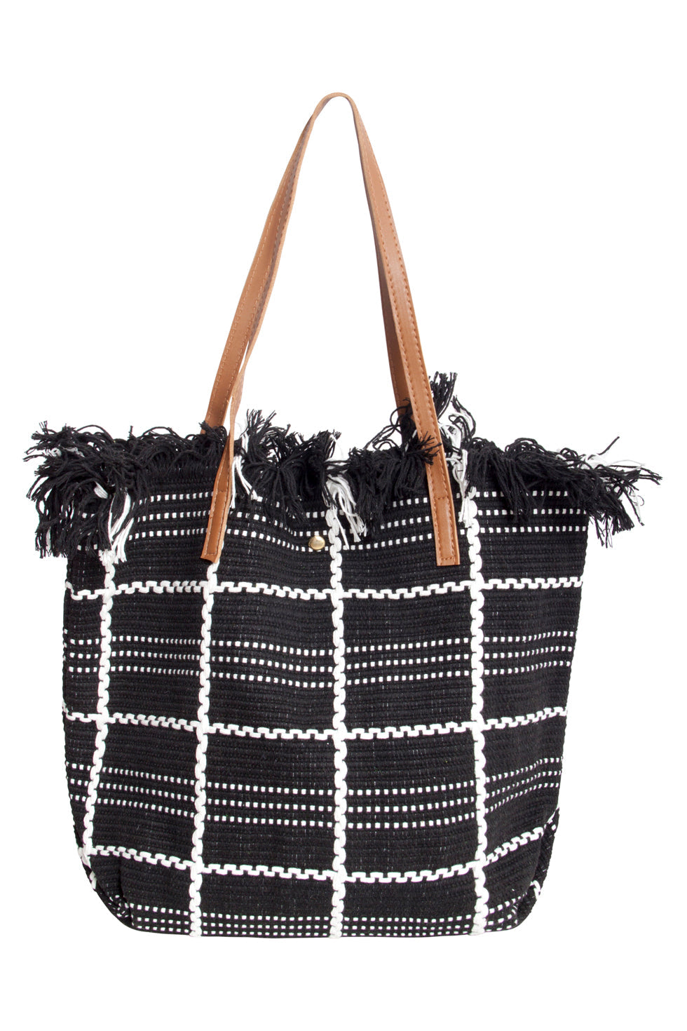 56030 Shopper Schoudertas - Met Geruit Borduurselfranjes | Black