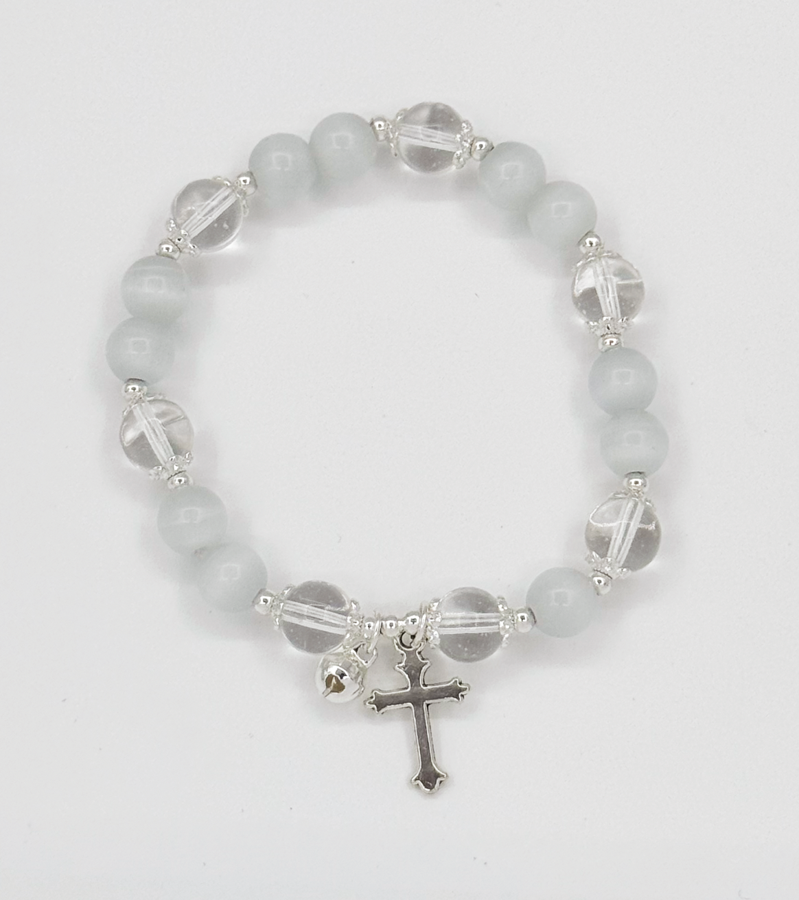 62011 Elastische Armband Met Kattenoogthassos Te Stenen | Silver-Crème