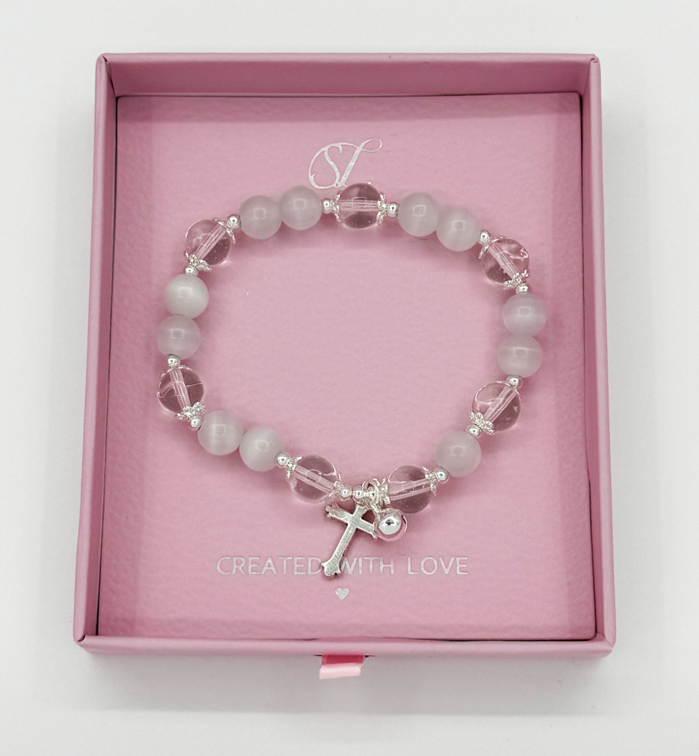 62011 Elastische Armband Met Kattenoogthassos Te Stenen | Silver-Crème