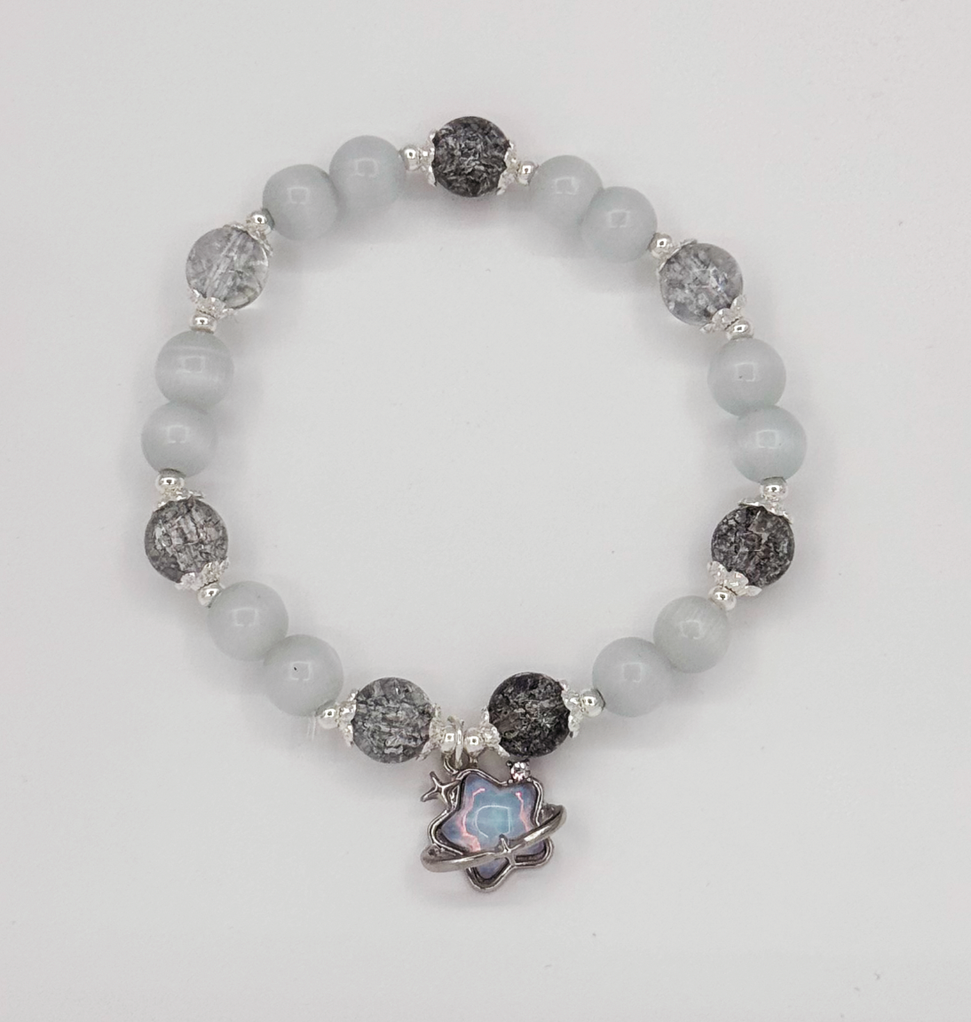 62012 Elastische Armband Met Kattenoog Stenen | Silver-Crème