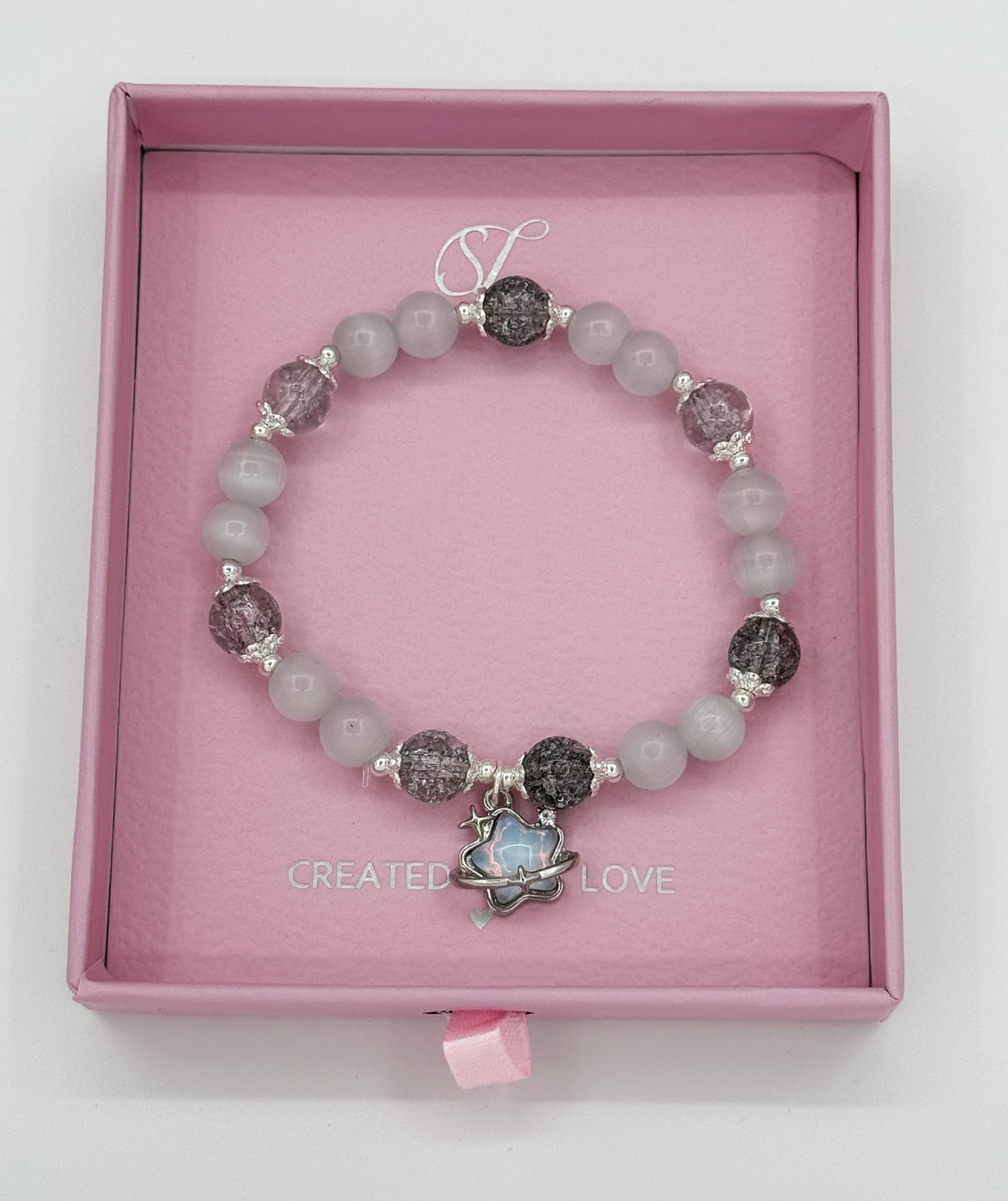 62012 Elastische Armband Met Kattenoog Stenen | Silver-Crème