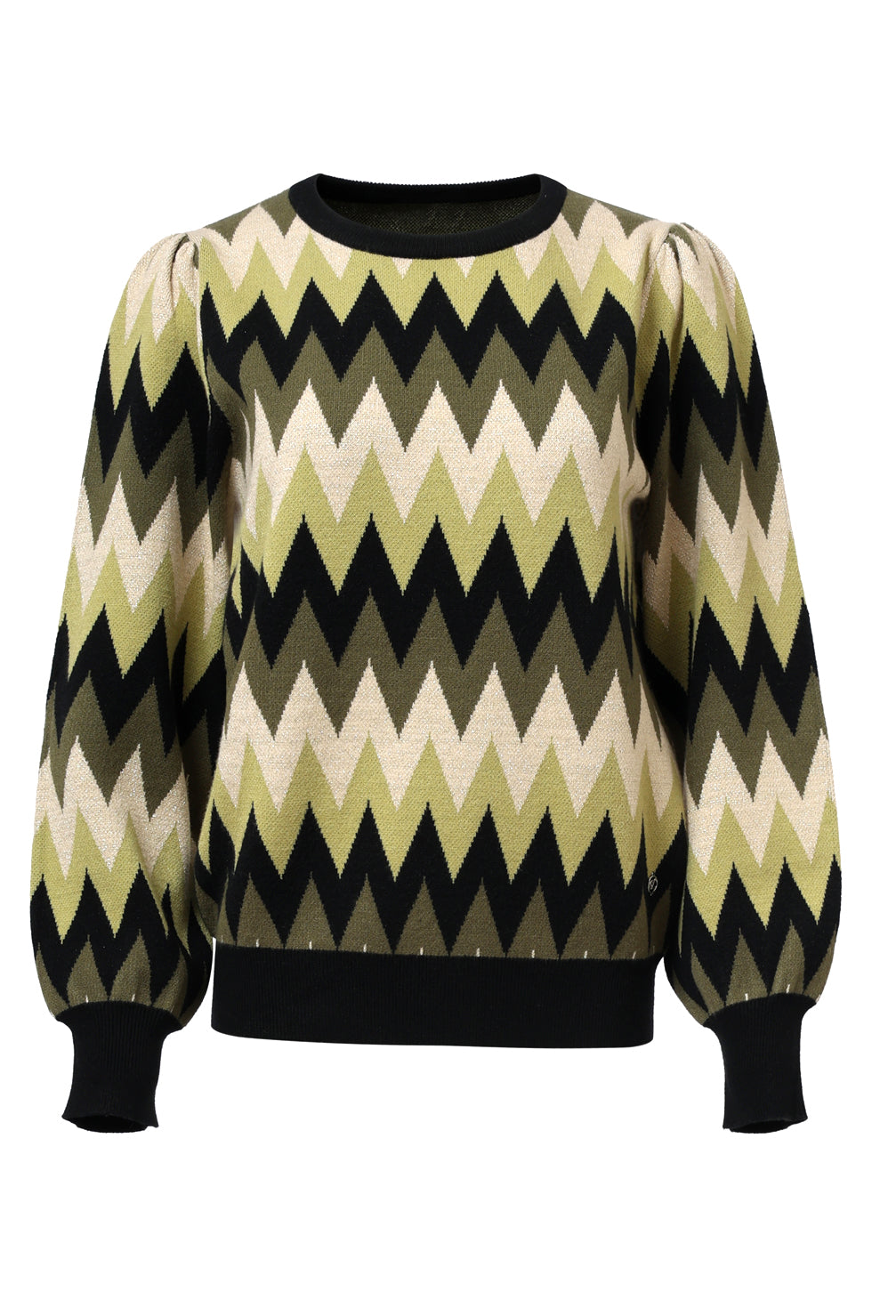 Army En Zand Zigzag Gebreide Dames Top Met Ronde Hals | Army - Sand