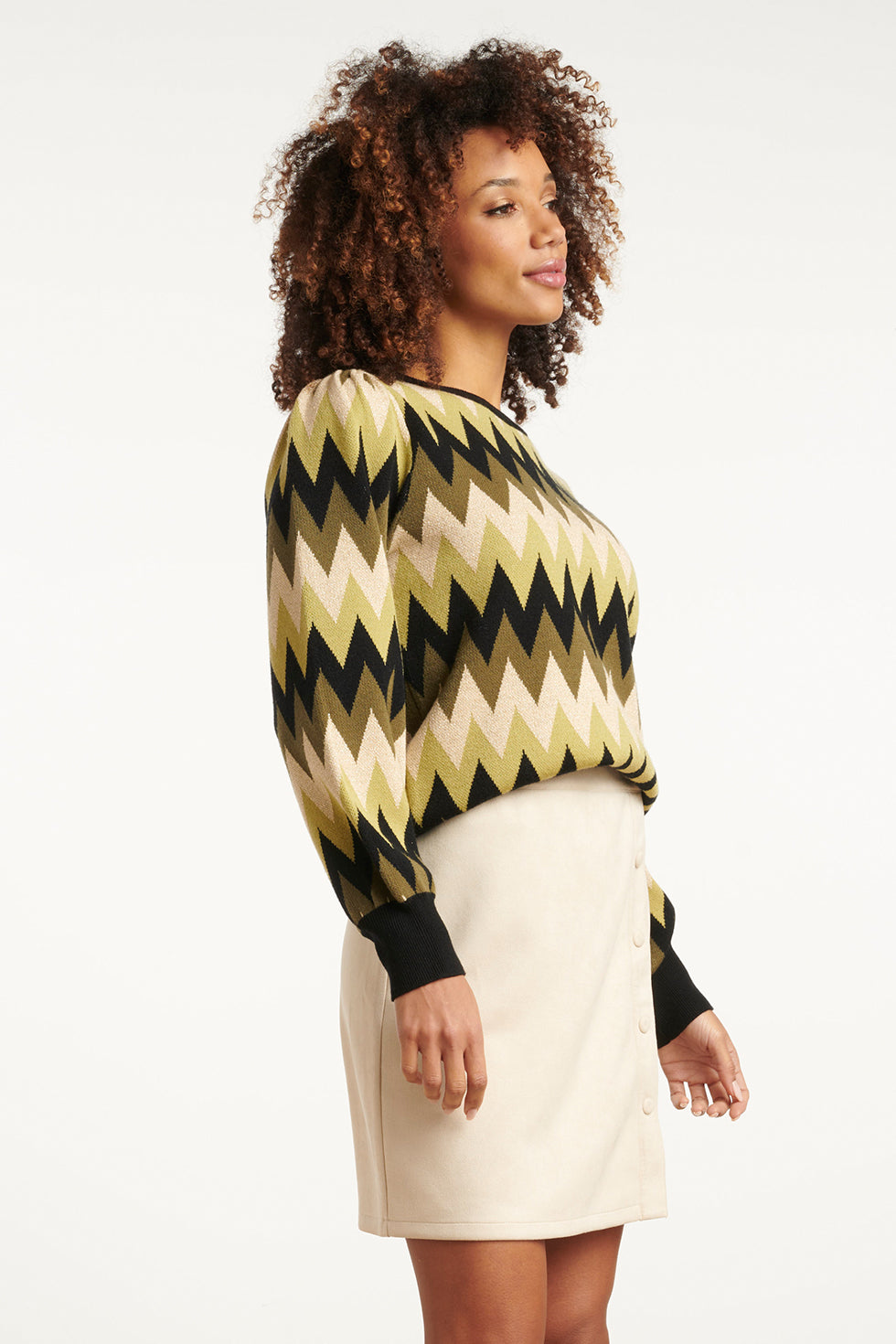 Army En Zand Zigzag Gebreide Dames Top Met Ronde Hals | Army - Sand