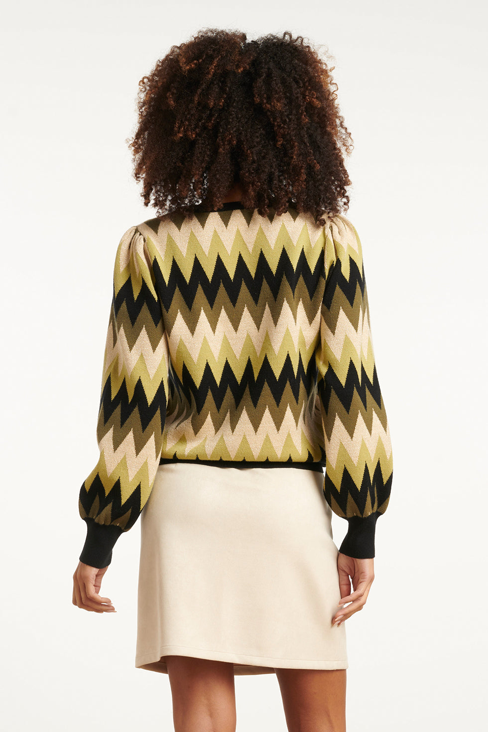 Army En Zand Zigzag Gebreide Dames Top Met Ronde Hals | Army - Sand