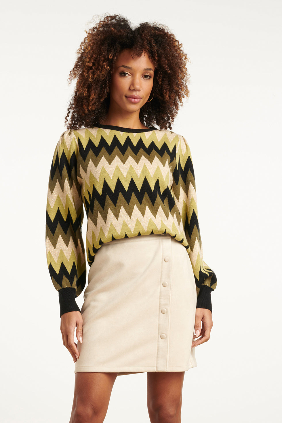 Army En Zand Zigzag Gebreide Dames Top Met Ronde Hals | Army - Sand