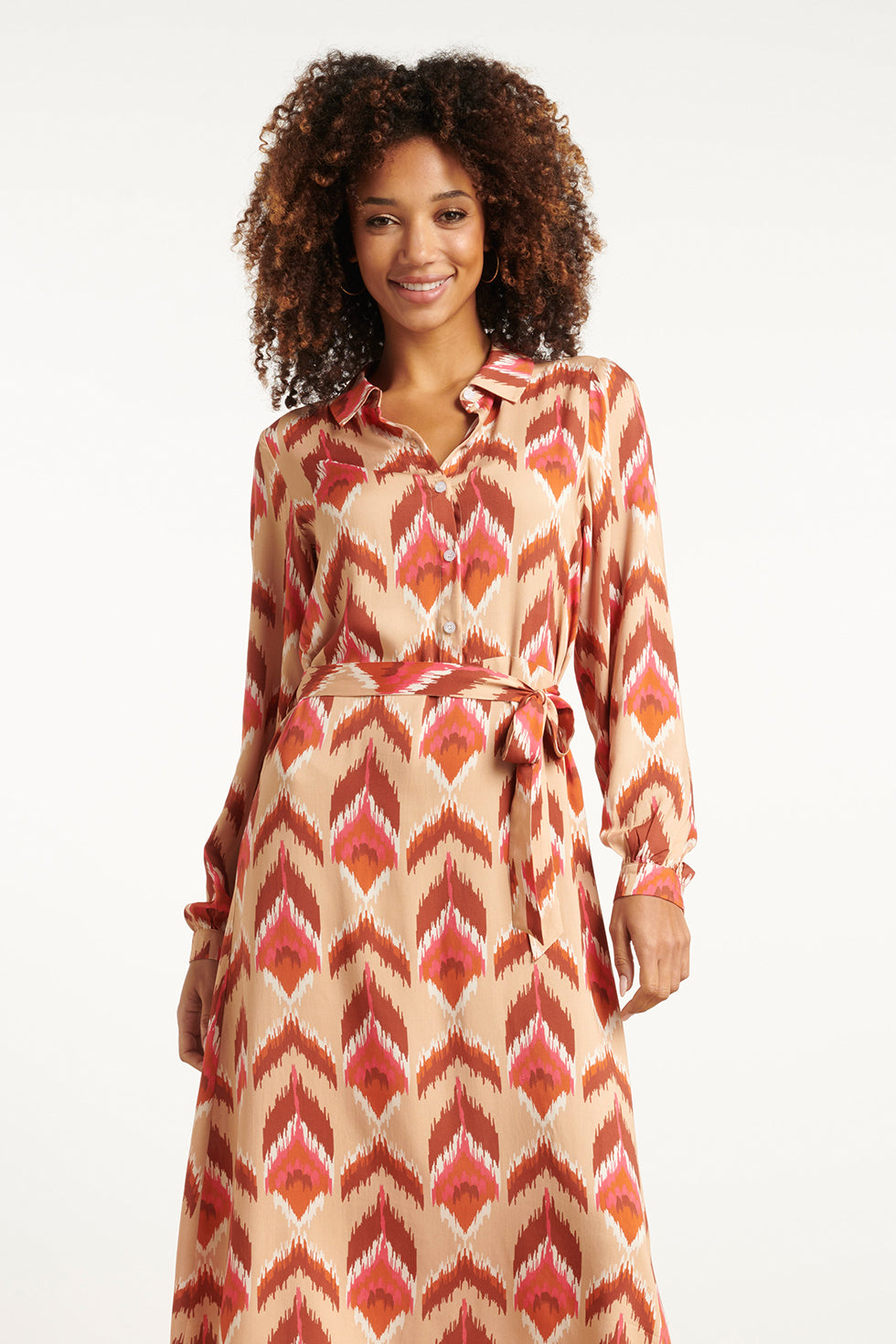 Aztec Midi Jurk In Warmroze En Camel | Camel-Multicolour