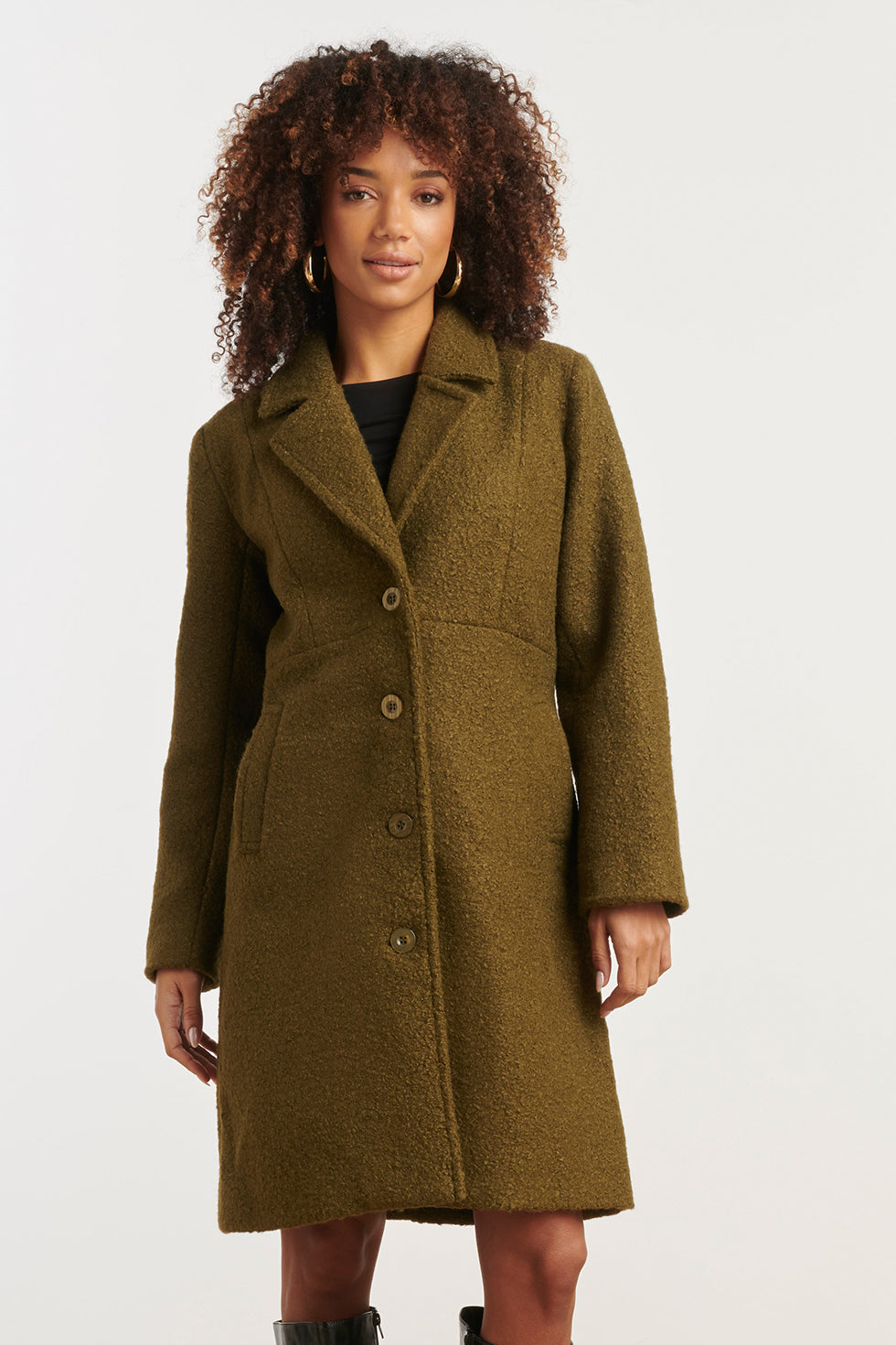 Bouclé Jas Met Parelmoerknopen | Army Green