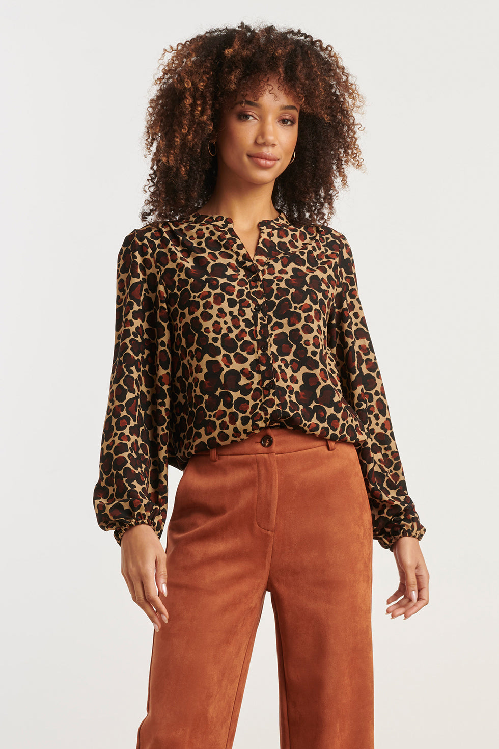 Chiffon Blouse Met Cheetahprint En Pofmouwen In Camel En Bruin | Camel-Brown
