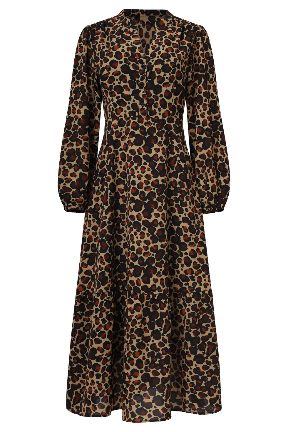 Chiffon Dierenprint Jurk Met Pofmouwen En V-Hals In Camel En Bruin | Camel-Brown