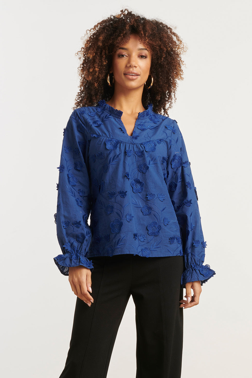 Dames3D Bloemenprint Top Met V Hals | Navy