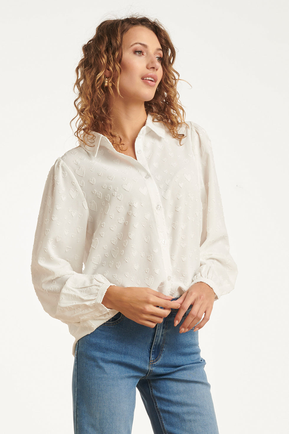 Damesblouse Met Hartjesmotief Lange Pofmouwen | White