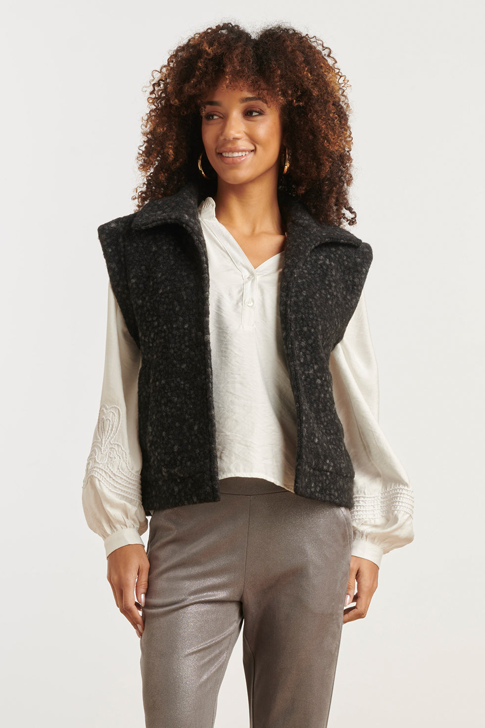 Damesbouclé Gilet Met Kraag | Black
