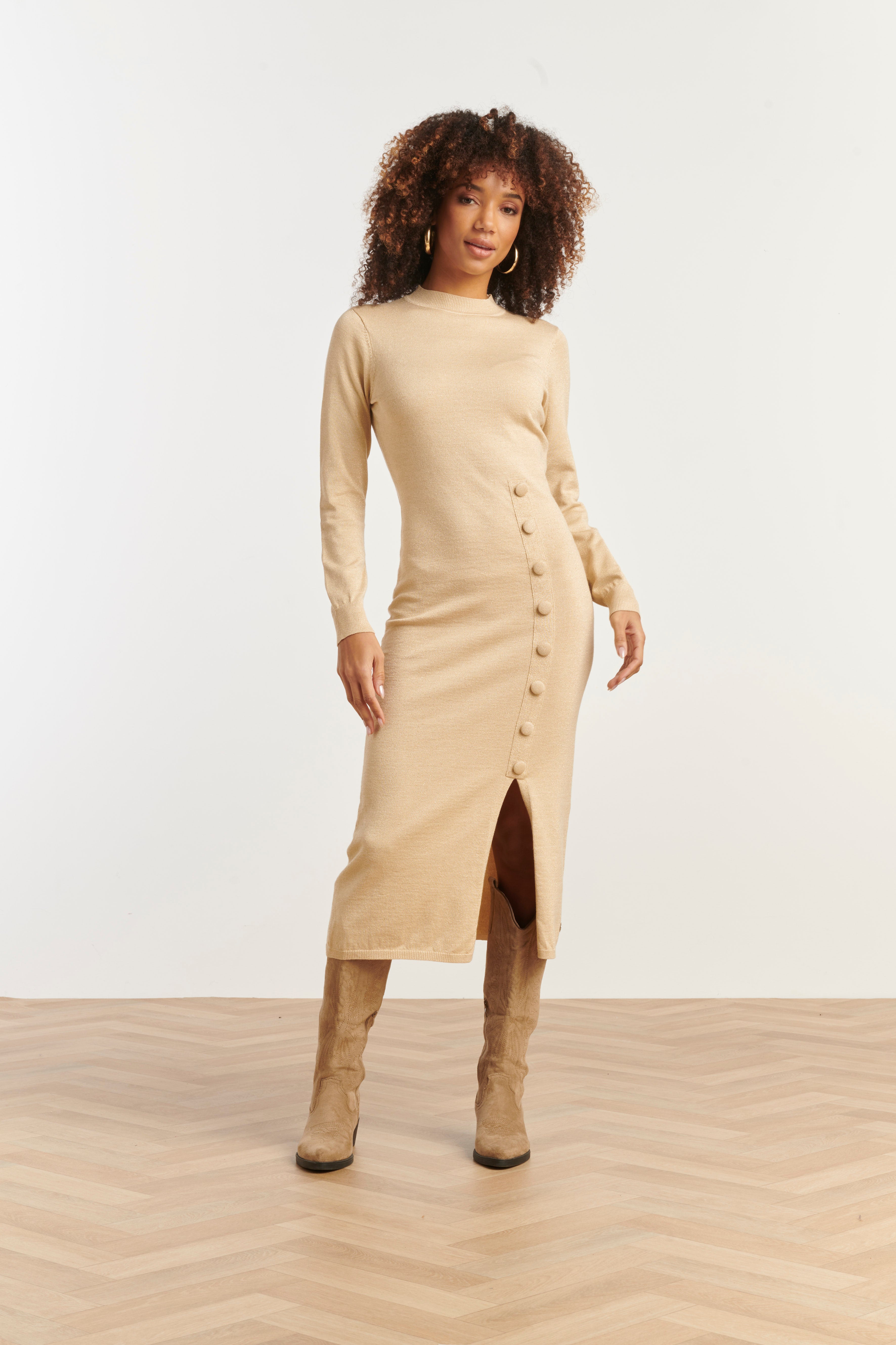 Damesgebreide Jurk Met Lurex | Sand