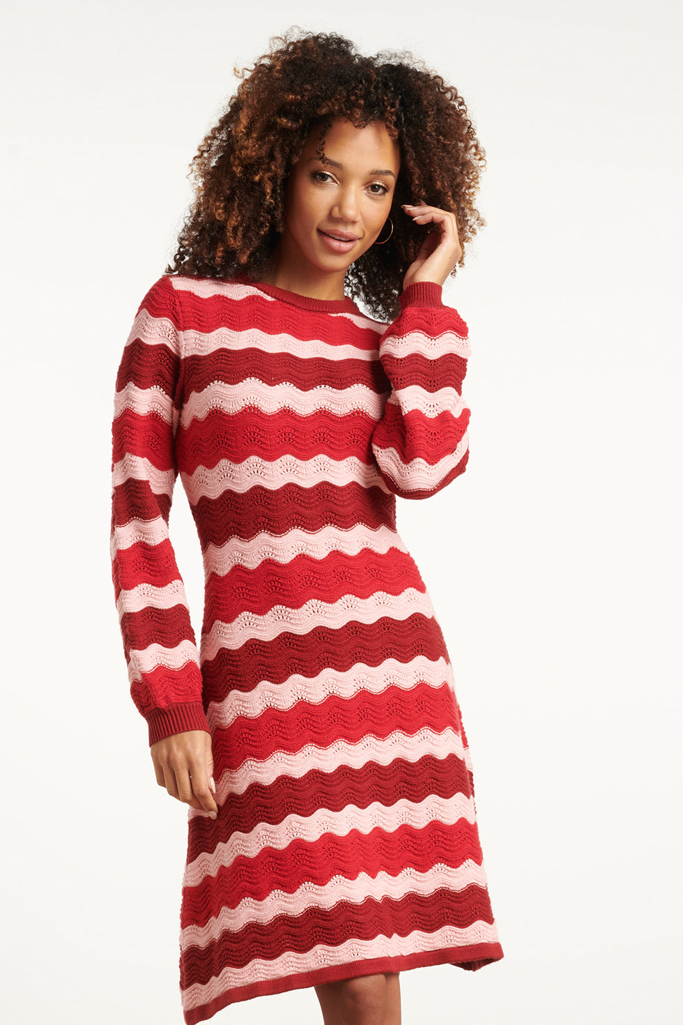 Damesgebreide Jurk Zand Met Golfpatroon Pof... | Red-Pink