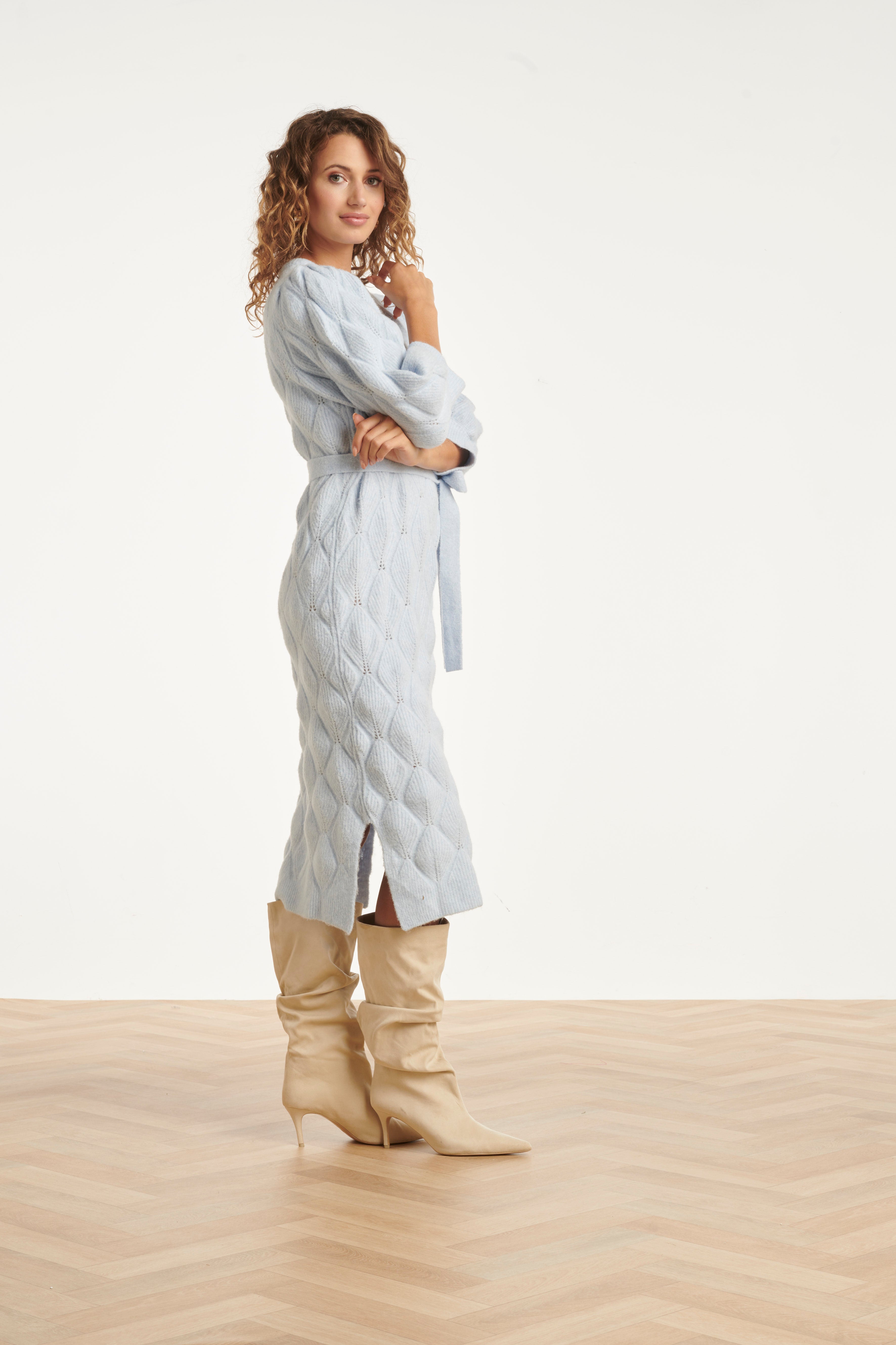 Damesgebreide Midi Jurk | Light Blue
