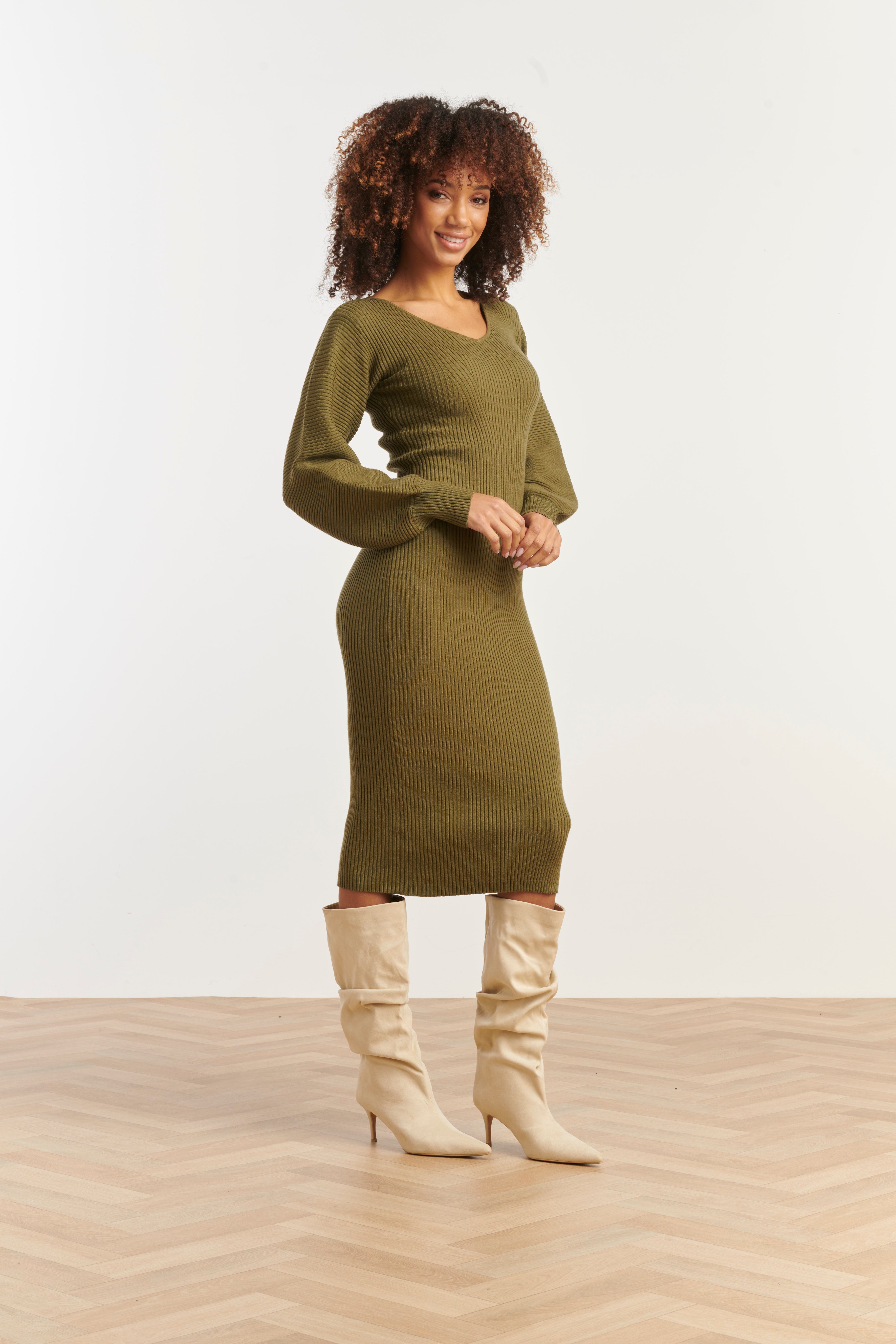 Dameslurex Gebreide Midi Jurk | Army Green