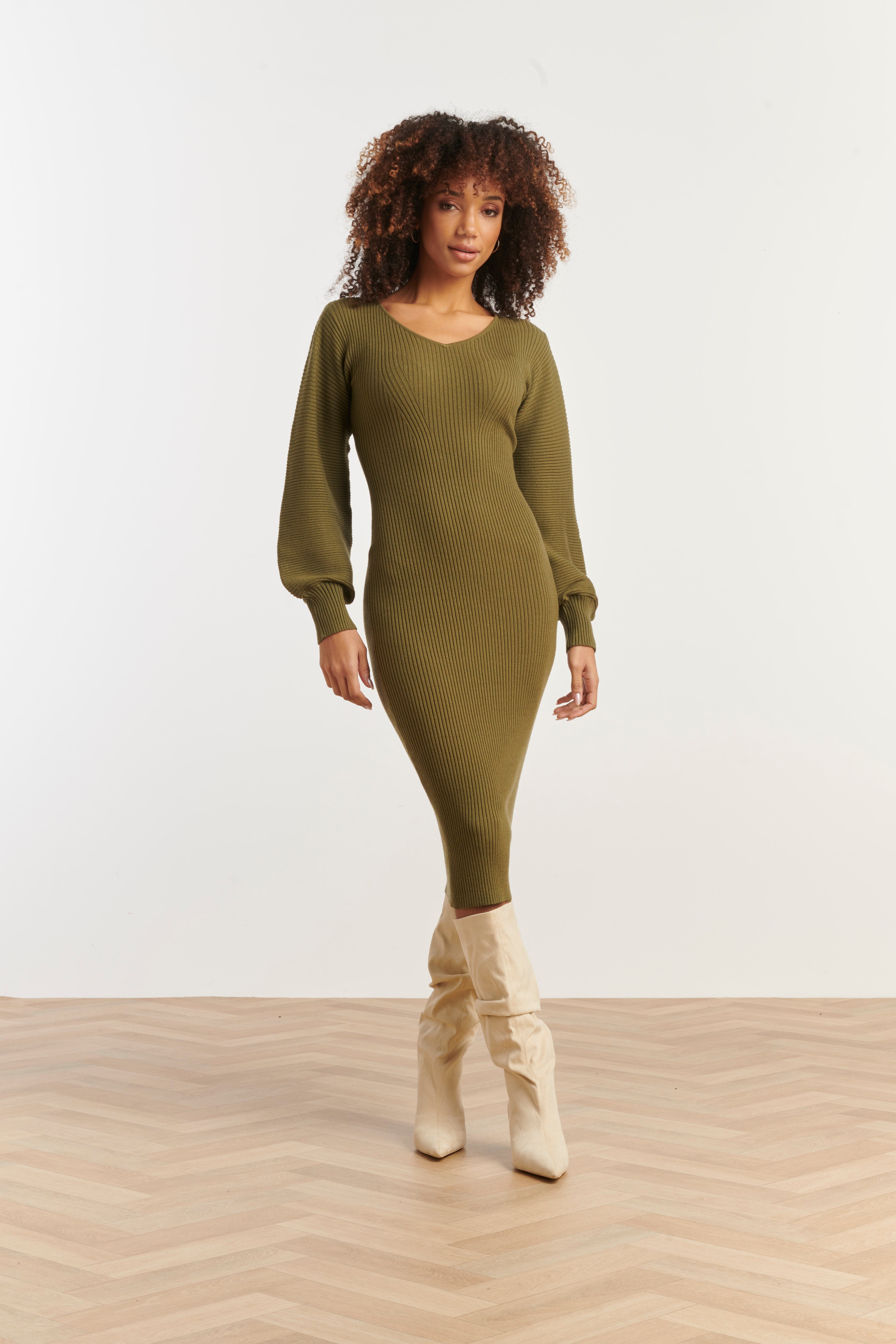 Dameslurex Gebreide Midi Jurk | Army Green