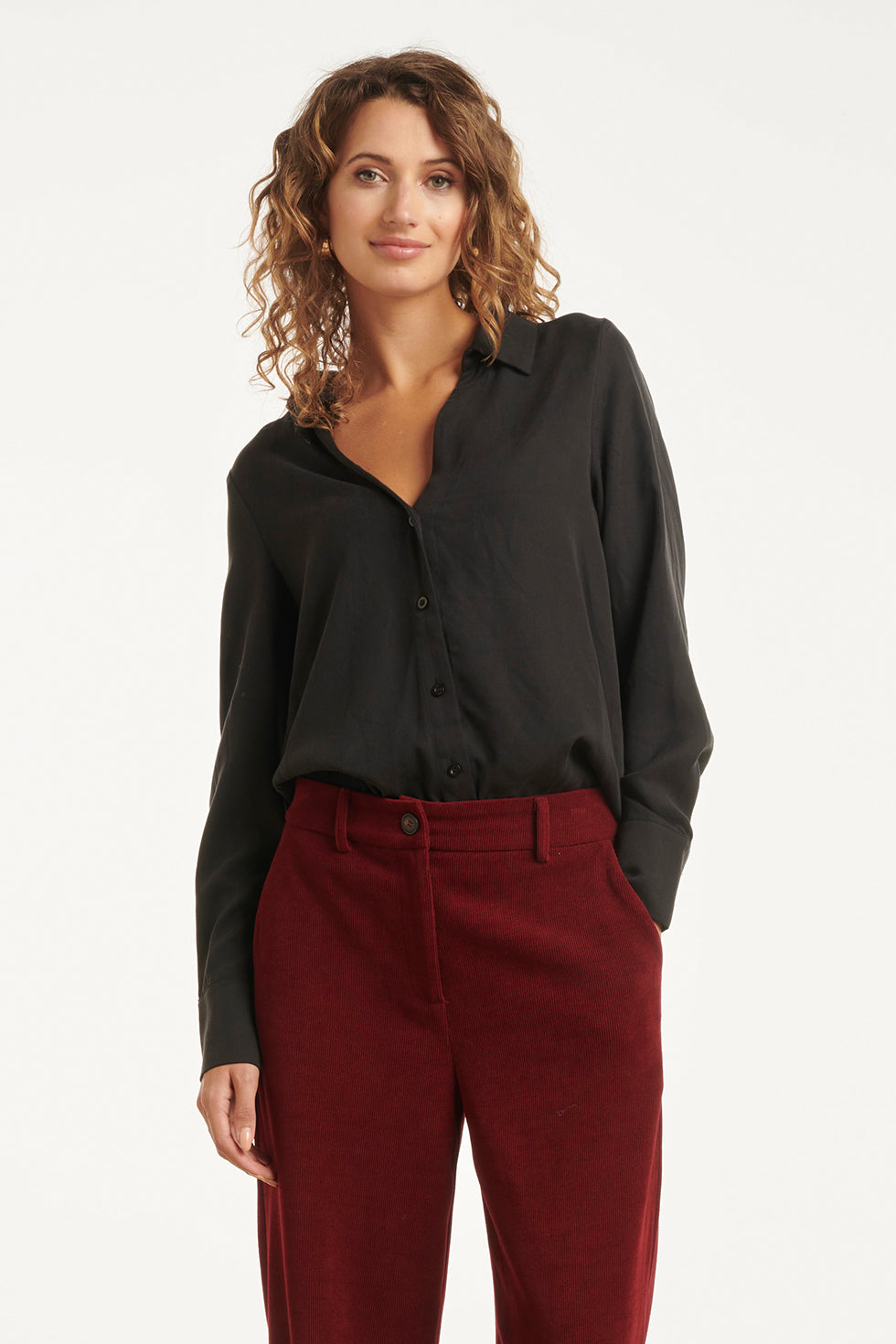 Doorknoopshirt Met V Hals & Kraag | Black