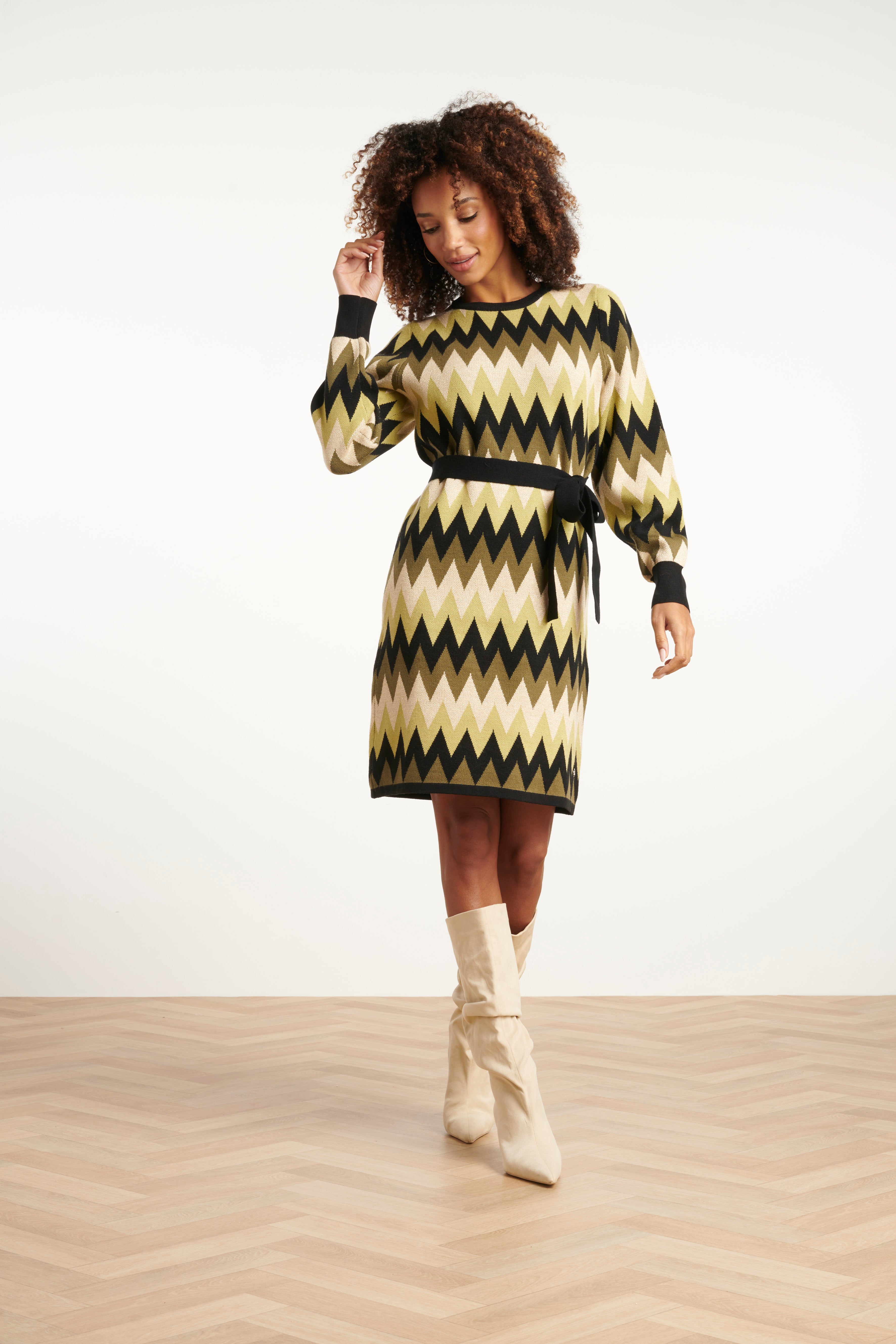 Gebreide Zigzag Jurk Army En Zand | Army-Sand