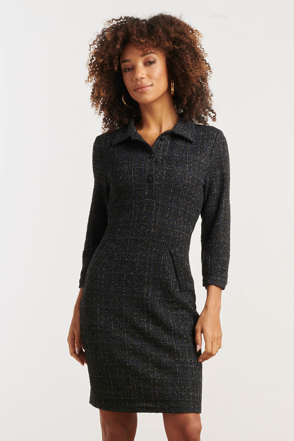 Geweven Ruittextuur Getailleerde Navy Jurk | Navy