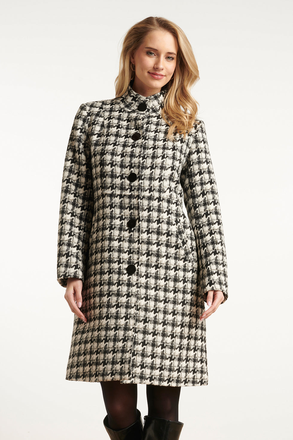 Houndstooth Jas Met Hoge Hals In Zwart En Off-White | Black-Off-White