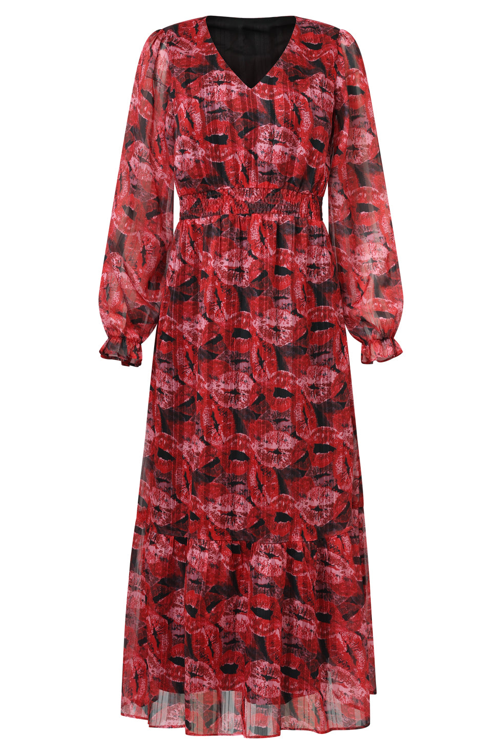 Lippenprint Chiffon Maxi Jurk in Rood en Zwart | Red-Black