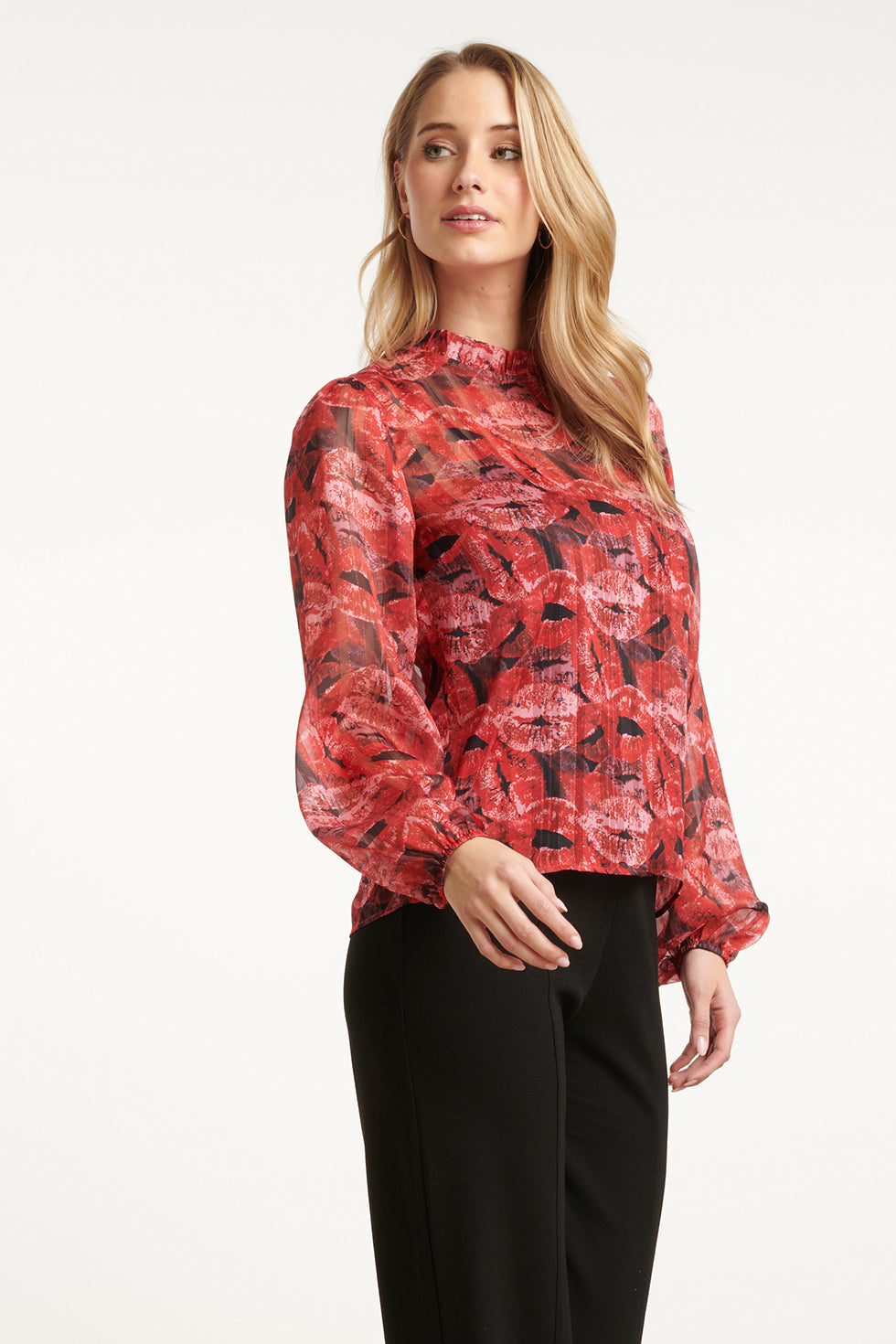 Lippenprint Chiffon Top In Rood En Zwart | Red - Black