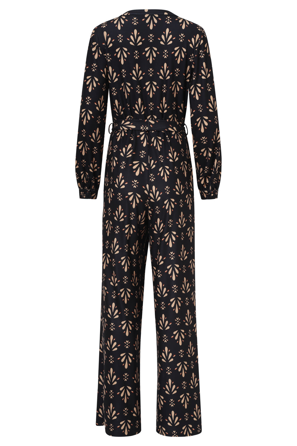Stretchstof Ornament Geprint Jumpsuit in Zwart en Camel | Black-Camel