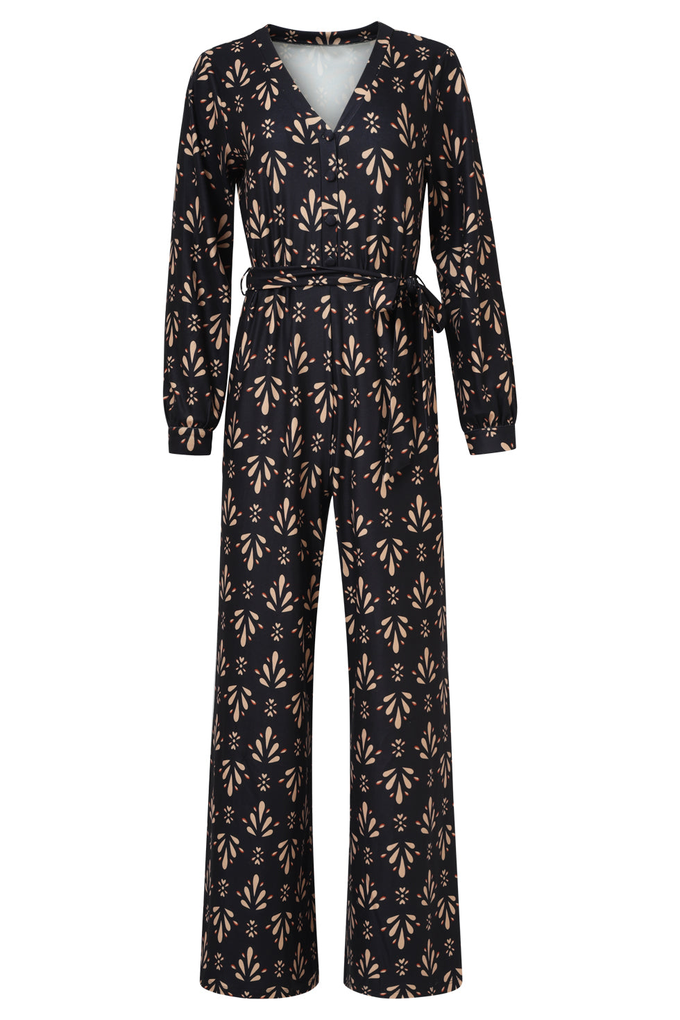 Stretchstof Ornament Geprint Jumpsuit in Zwart en Camel | Black-Camel