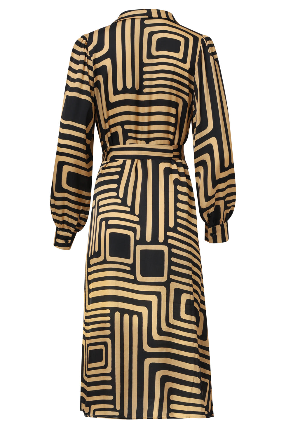 Zwart En Goud Grafische Geprint Midi Jurk Met Kraag | Black - Camel